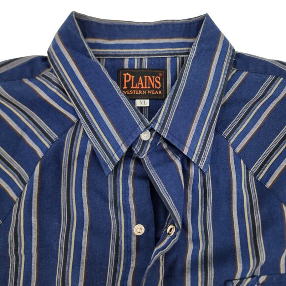 90s Plains Western Wear Mens XL Pearl Snaps Blue Stripes Snap Button Long Sleeve - Picture 3 of 12